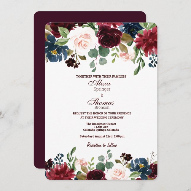 Burgundy & Blue English Flowers Wedding Invitation (Front/Back)