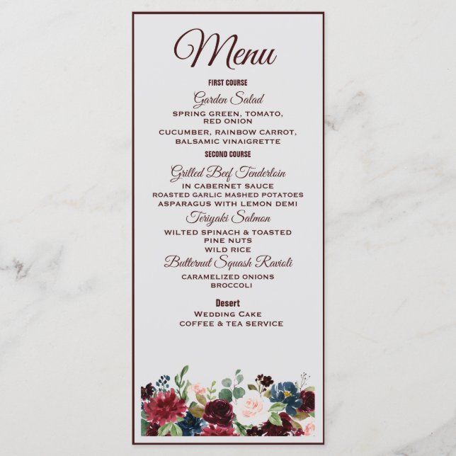 Burgundy & Blue English Flowers Wedding Menu (Front)