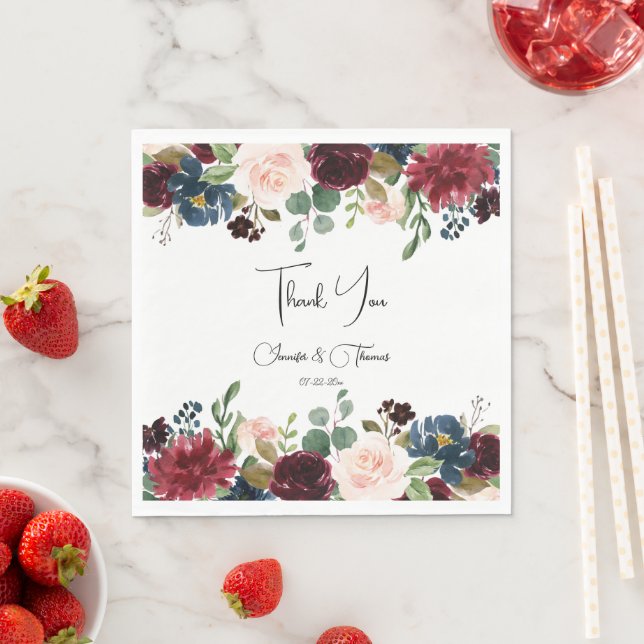 Burgundy & Blue English Flowers Wedding  Napkin (Insitu)