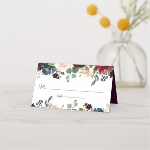 Burgundy & Blue English Flowers Wedding Place Card