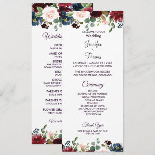 Burgundy & Blue English Flowers Wedding Program