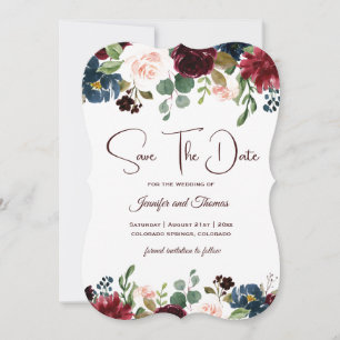 Burgundy & Blue English Flowers Wedding Save The Date