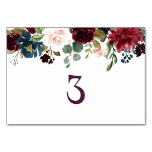 Burgundy & Blue English Flowers Wedding Table Number