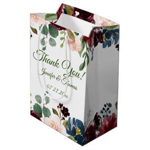 Burgundy/Blue English Garden Flowers Wedding Medium Gift Bag