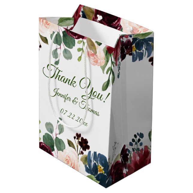 Burgundy/Blue English Garden Flowers Wedding Medium Gift Bag (Back Angled)