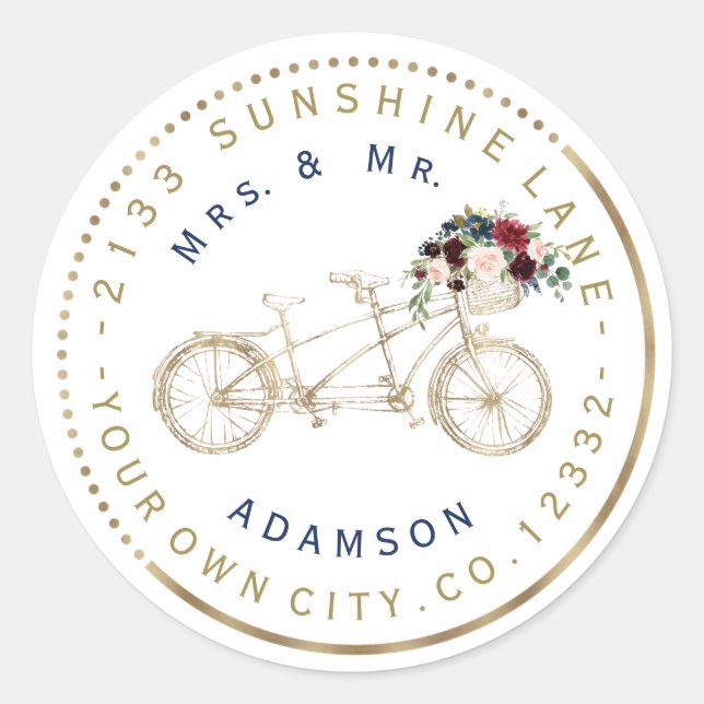 Burgundy Blue Floral Bike Circular Address Label (Front)