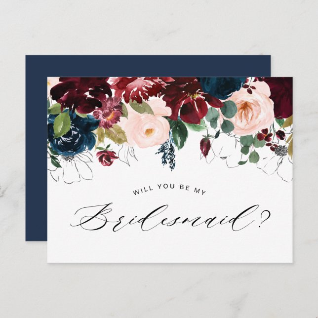 burgundy blue floral bridesmaid proposal card (Front/Back)