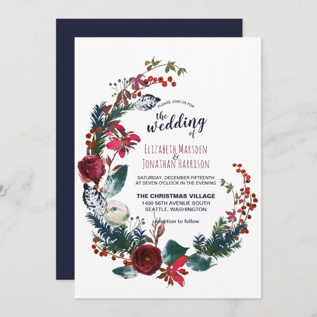 Burgundy Blue Floral Christmas Greenery Wedding Invitation (Front/Back)