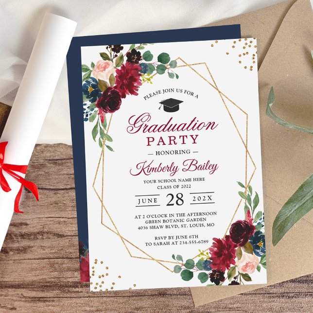 Burgundy Blue Floral Geometric Graduation Party Invitation (Creator Uploaded)
