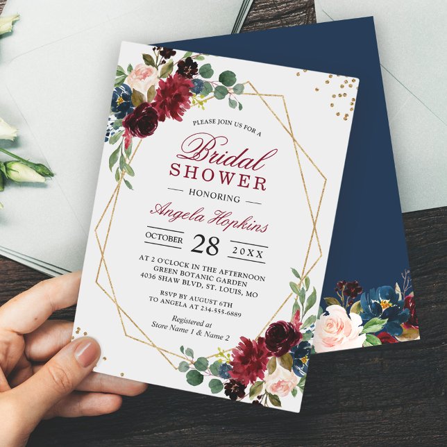Burgundy Blue Floral Gold Geometric Bridal Shower Invitation (Creator Uploaded)