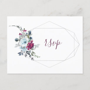 Burgundy blue floral gold geometric frame rsvp invitation postcard
