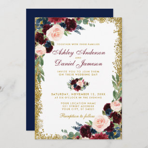 Burgundy Blue Floral Gold Glitter Wedding B Invitation
