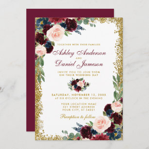 Burgundy Blue Floral Gold Glitter Wedding Invitation
