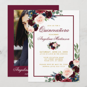Burgundy Blue Floral Gold Quinceanera Photo Invitation