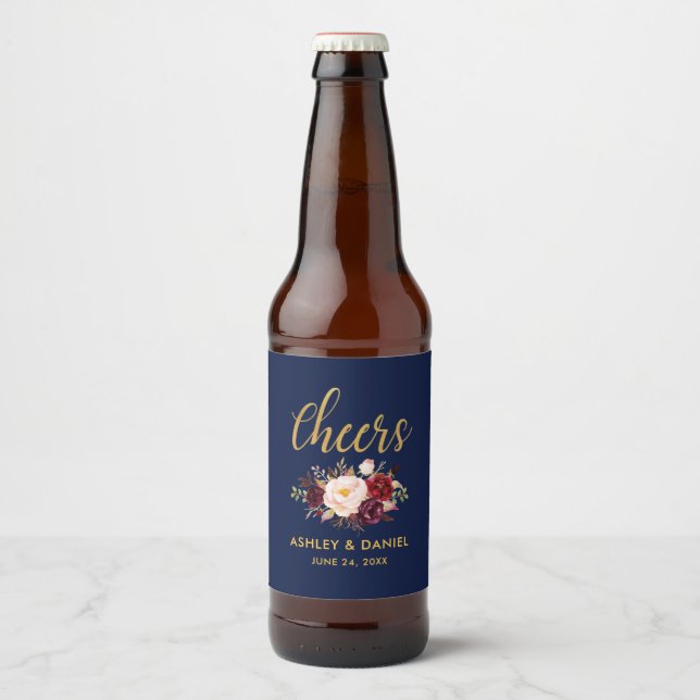 Burgundy Blue Floral Gold Wedding Cheers Beer Bottle Label (Front)