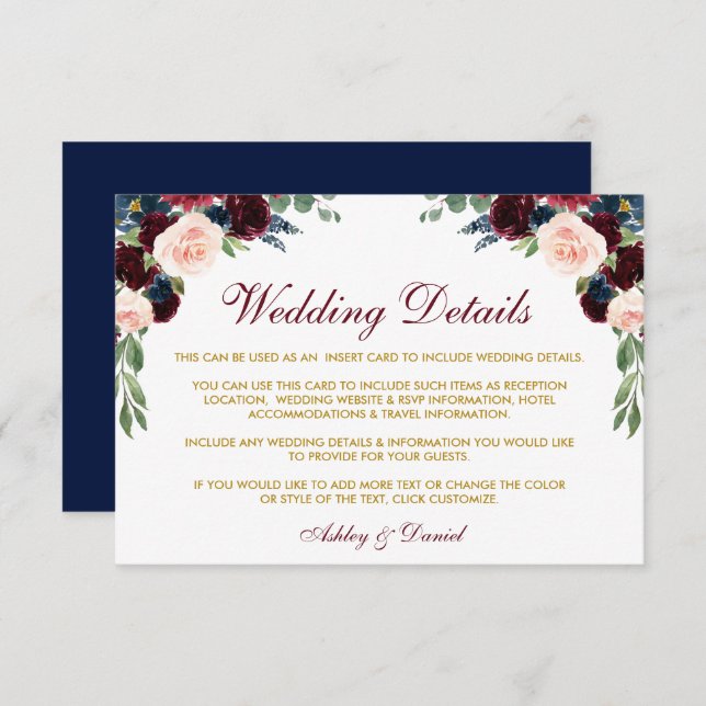 Burgundy Blue Floral Gold Wedding Details Insert (Front/Back)