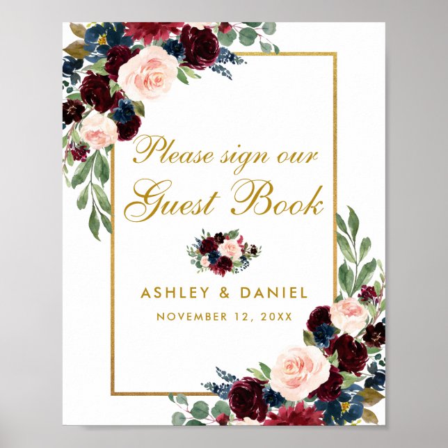 Burgundy Blue Floral Gold Wedding Guest Book (Front)