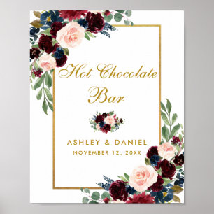 Burgundy Blue Floral Gold Wedding Hot Chocolate Poster