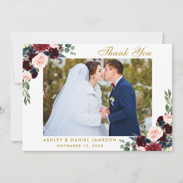 Burgundy Blue Floral Gold Wedding Photo B Thank You Card (Front)