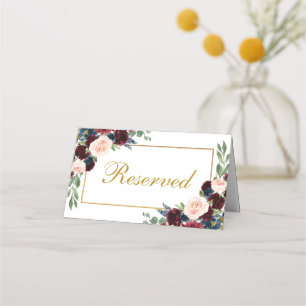 Burgundy Blue Floral Gold Wedding Reserved Place Card