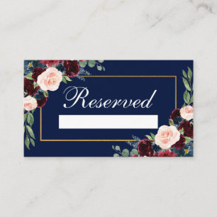 Burgundy Blue Floral Gold Wedding Reserved  Place Card