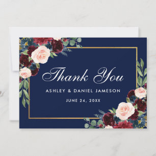 Burgundy Blue Floral Gold Wedding Thank You Card