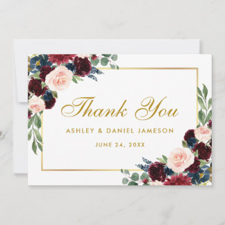 Burgundy Blue Floral Gold Wedding Thanks B Thank You Card