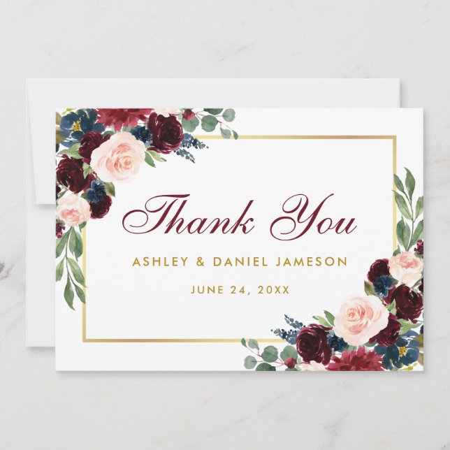 Burgundy Blue Floral Gold Wedding Thanks BG Thank You Card (Front)