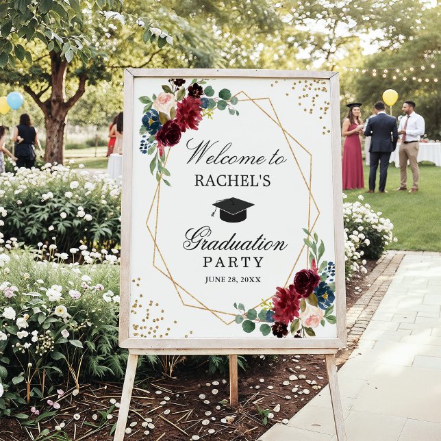 Burgundy Blue Floral Graduation Party Welcome Poster (Creator Uploaded)
