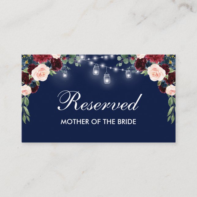 Burgundy Blue Floral Lights Wedding Reserved Name Place Card (Front)