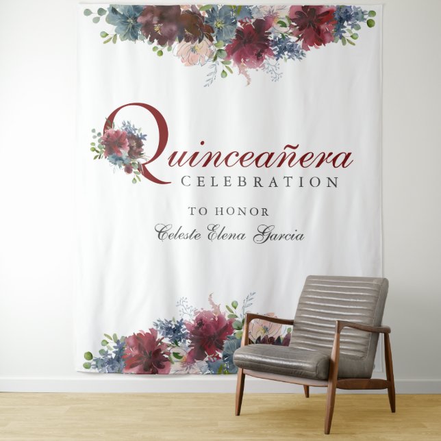 Burgundy Blue Floral Quinceanera Photo Backdrop Tapestry (In Situ)