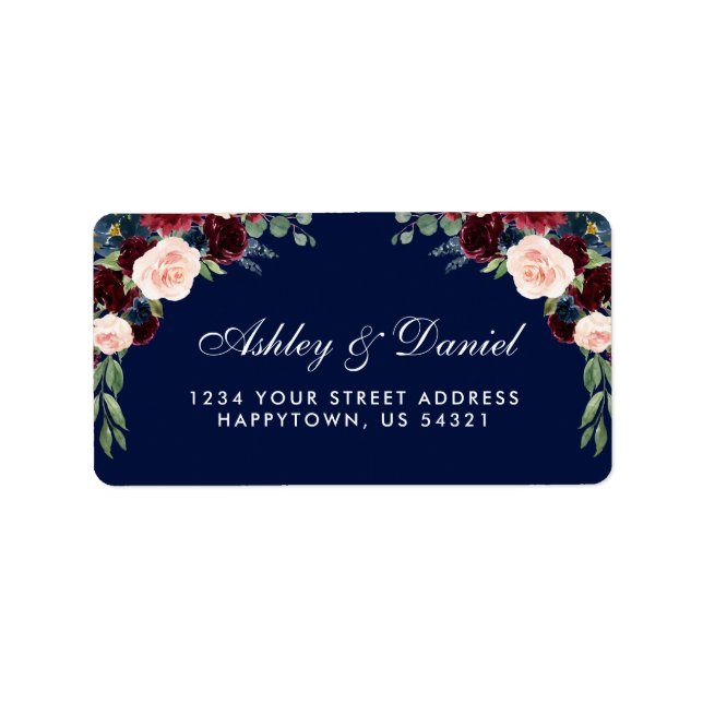Burgundy Blue Floral Watercolor Wedding Address Label (Front)