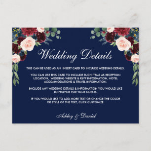Burgundy Blue Floral Wedding Details Insert Card