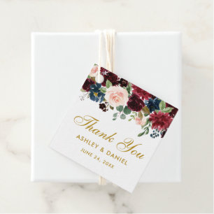 Burgundy Blue Floral Wedding Gold Thank You Favour Tags
