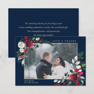 Burgundy Blue Floral Wedding Photo Thank You Card