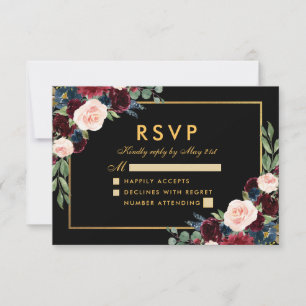 Burgundy Blue Floral Wedding RSVP Black Gold