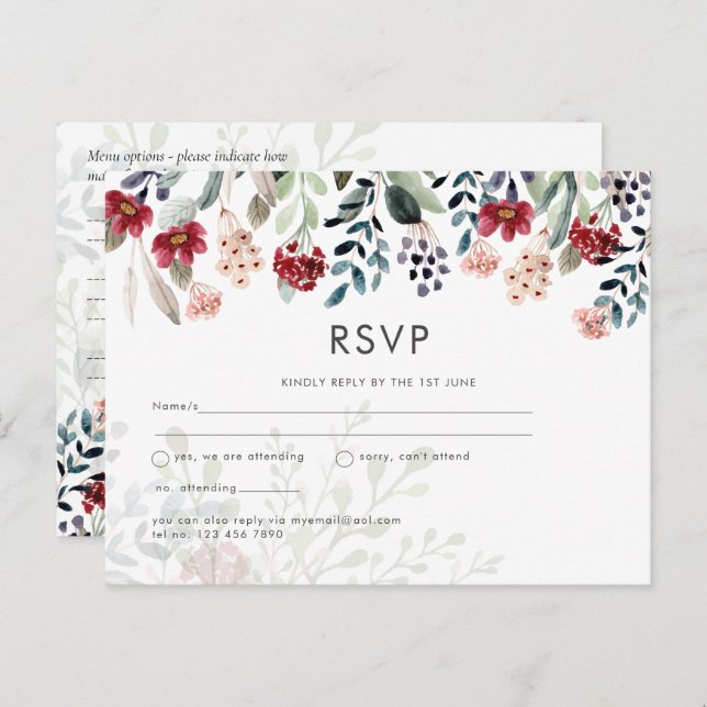 Burgundy Blue Floral Wedding RSVP Postcard (Front/Back)