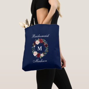 Burgundy Blue Floral Wreath Bridesmaid Tote Bag