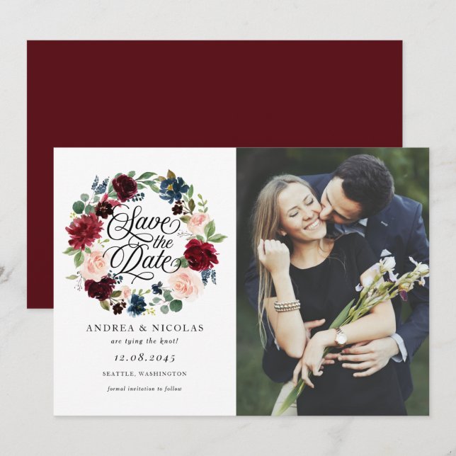 Burgundy & Blue Floral Wreath Photo Save the Date (Front/Back)