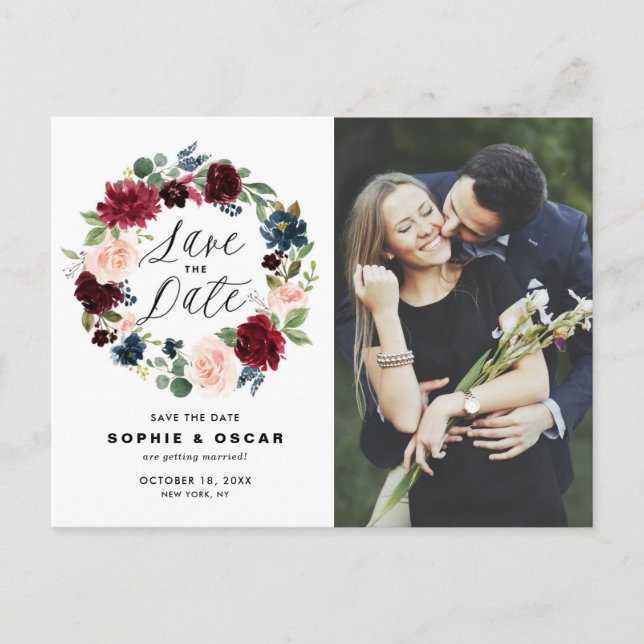 Burgundy & Blue Floral Wreath Photo Save the Date Announcement Postcard (Front)