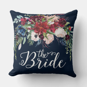 Burgundy & blue flowers bouquet, Bride typography Cushion