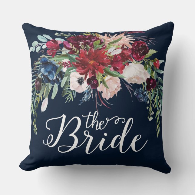 Burgundy & blue flowers bouquet, Bride typography Cushion (Front)