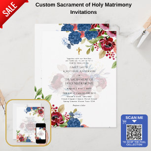 Burgundy Blue Flowers Catholic NuptialMass Wedding Invitation
