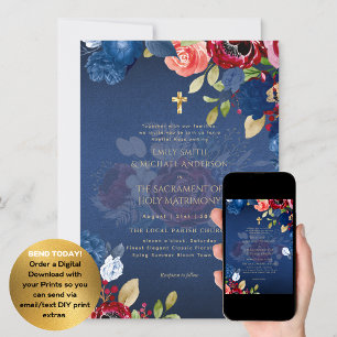 Burgundy Blue Flowers Catholic NuptialMass Wedding Invitation