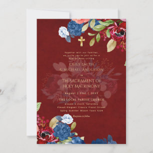 Burgundy Blue Flowers Catholic NuptialMass Wedding Invitation