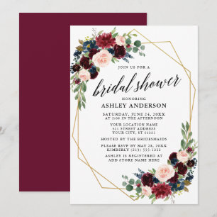 Burgundy Blue Geometric Gold Bridal Shower Invitation