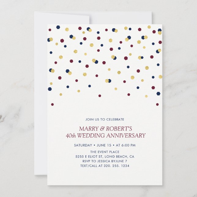 Burgundy, Blue & Gold Confetti Wedding Anniversary Invitation (Front)