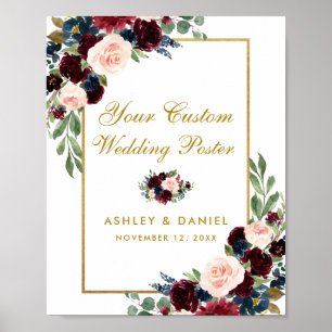 Burgundy Blue Gold Floral Wedding Custom Poster