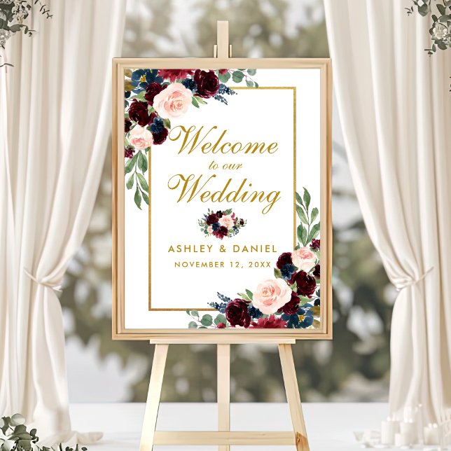 Burgundy Blue Gold Floral Wedding Welcome Poster (Customize to change text color, text size, text style or size of poster.)