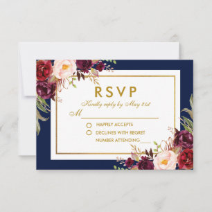Burgundy Blue Gold Watercolor Floral Wedding RSVP Card